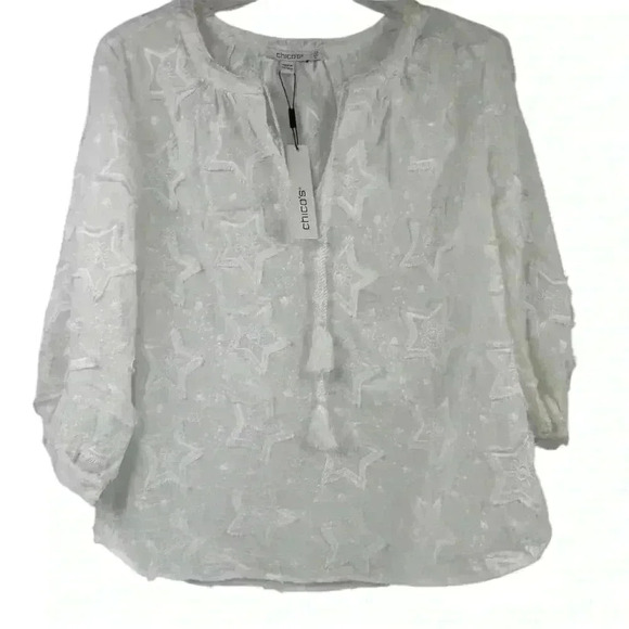 Chico's Women's White Embroidered Star Peasant Blouse Size 0.5 US Size 6 - Picture 1 of 14